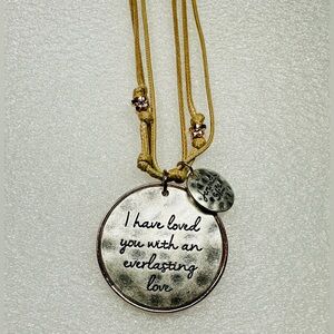 C1946 Silver-Toned Inspirational Pendant Necklace On Tan Cording Jeremiah 31:3